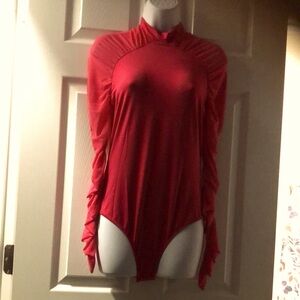 Remidoo Hot Pink Ruched Fitted Bodysuit with Mandarin Collar